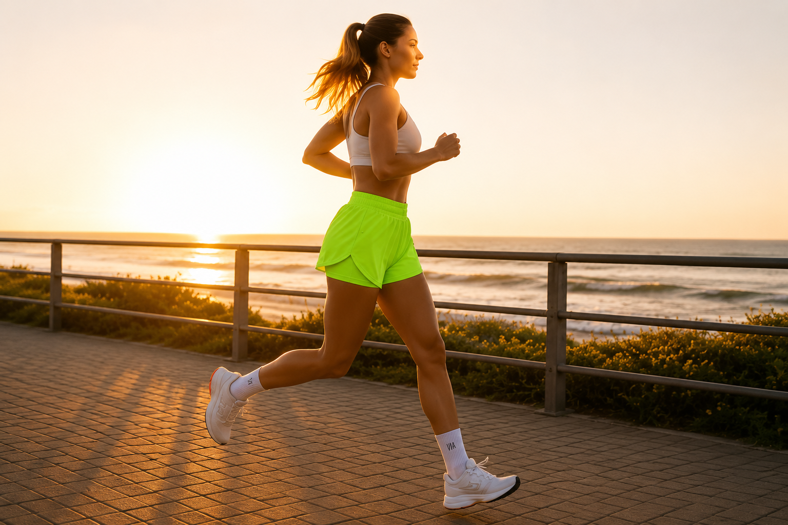 Woman running at sunrise wearing Power Vibe™ Sprint 2-in-1 Running Shorts in Electric Lime with a white sports bra on a coastal promenade.