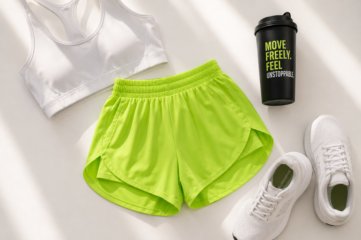 Flat lay of Power Vibe™ Sprint 2-in-1 Running Shorts in Electric Lime styled with a white sports bra, white trainers and a fitness shaker bottle on a clean white background.