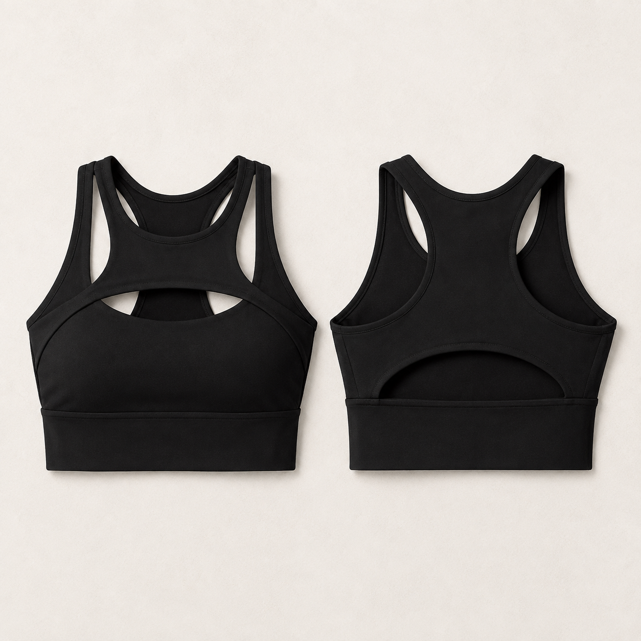 Power Vibe™ Apex Support Bra in black, shown in front and rear lay-flat views on a light studio background, highlighting the cut-out front, racerback design, open-back detail and wide underbust band.