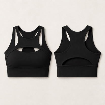 Power Vibe™ Apex Support Bra in black, shown in front and rear lay-flat views on a light studio background, highlighting the cut-out front, racerback design, open-back detail and wide underbust band.