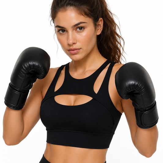 Power Vibe™ Apex Support Bra in black, worn by a woman in a boxing stance with black gloves on a white studio background, showing the cut-out front and wide underbust band.