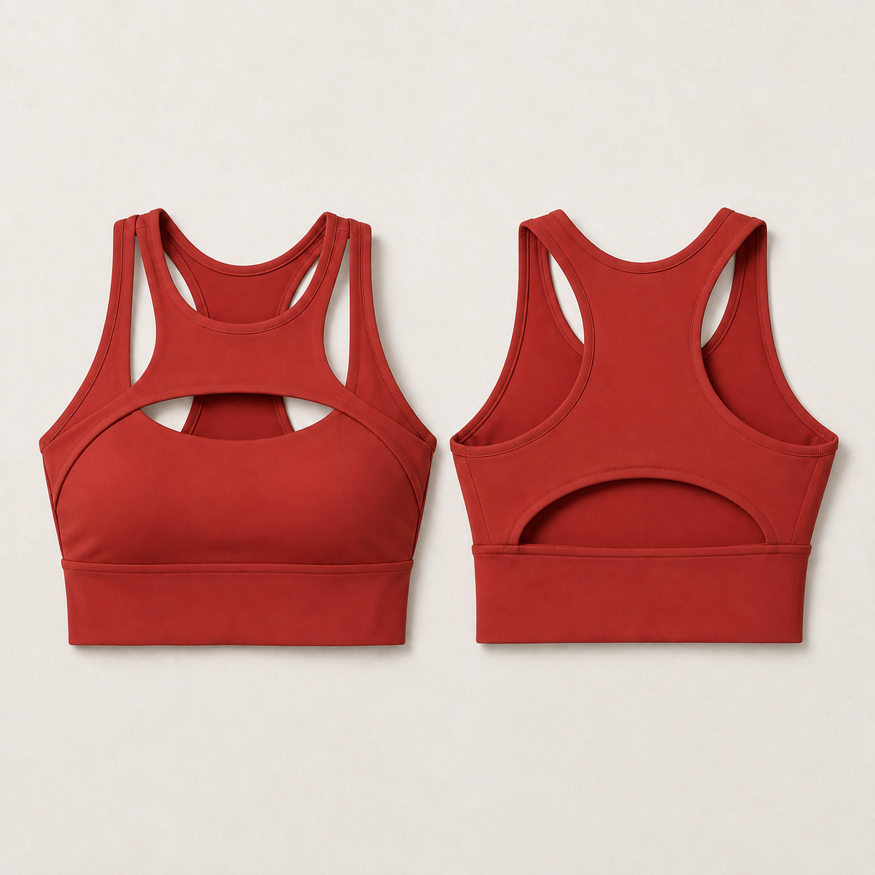Power Vibe™ Apex Support Bra in Dark Red, shown in front and rear lay-flat views on a light studio background, highlighting the cut-out front, racerback design, open-back detail and wide underbust band.