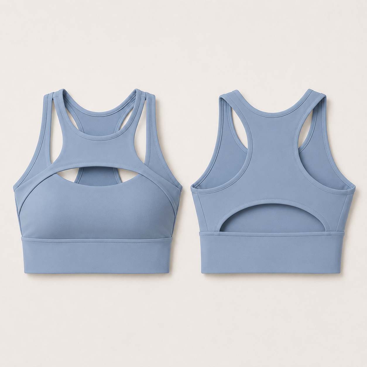 Power Vibe™ Apex Support Bra in Gray Blue, shown in front and rear lay-flat views on a light studio background, highlighting the cut-out front, racerback design, open-back detail and wide underbust band.