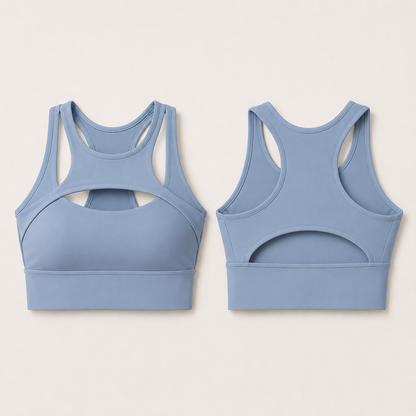 Power Vibe™ Apex Support Bra in Gray Blue, shown in front and rear lay-flat views on a light studio background, highlighting the cut-out front, racerback design, open-back detail and wide underbust band.