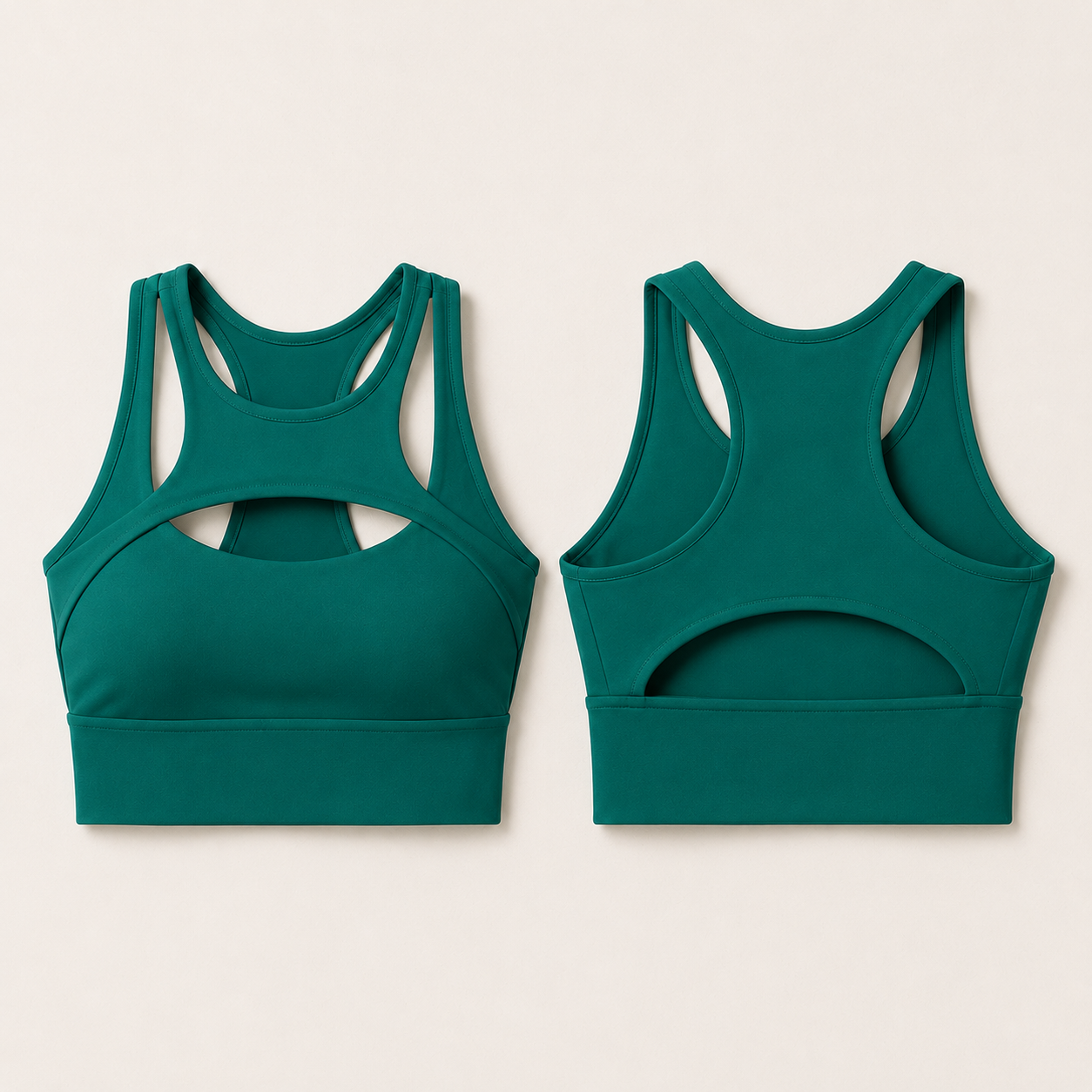 Power Vibe™ Apex Support Bra in Lake Green, shown in front and rear lay-flat views on a light studio background, highlighting the cut-out front, racerback design, open-back detail and wide underbust band.