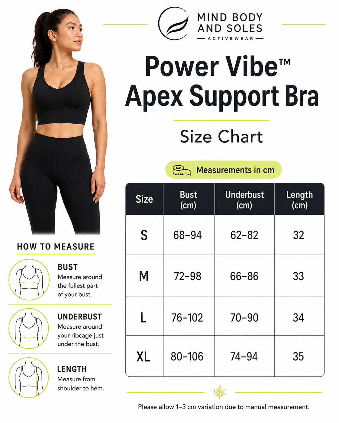 Power Vibe™ Apex Support Bra size chart showing S–XL bust, underbust and length measurements in centimetres, with illustrated measuring guidance for accurate fit selection.