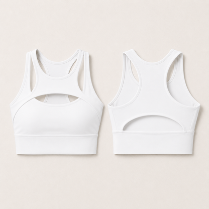 Power Vibe™ Apex Support Bra in White, shown in front and rear lay-flat views on a light studio background, highlighting the cut-out front, racerback design, open-back detail and wide underbust band.