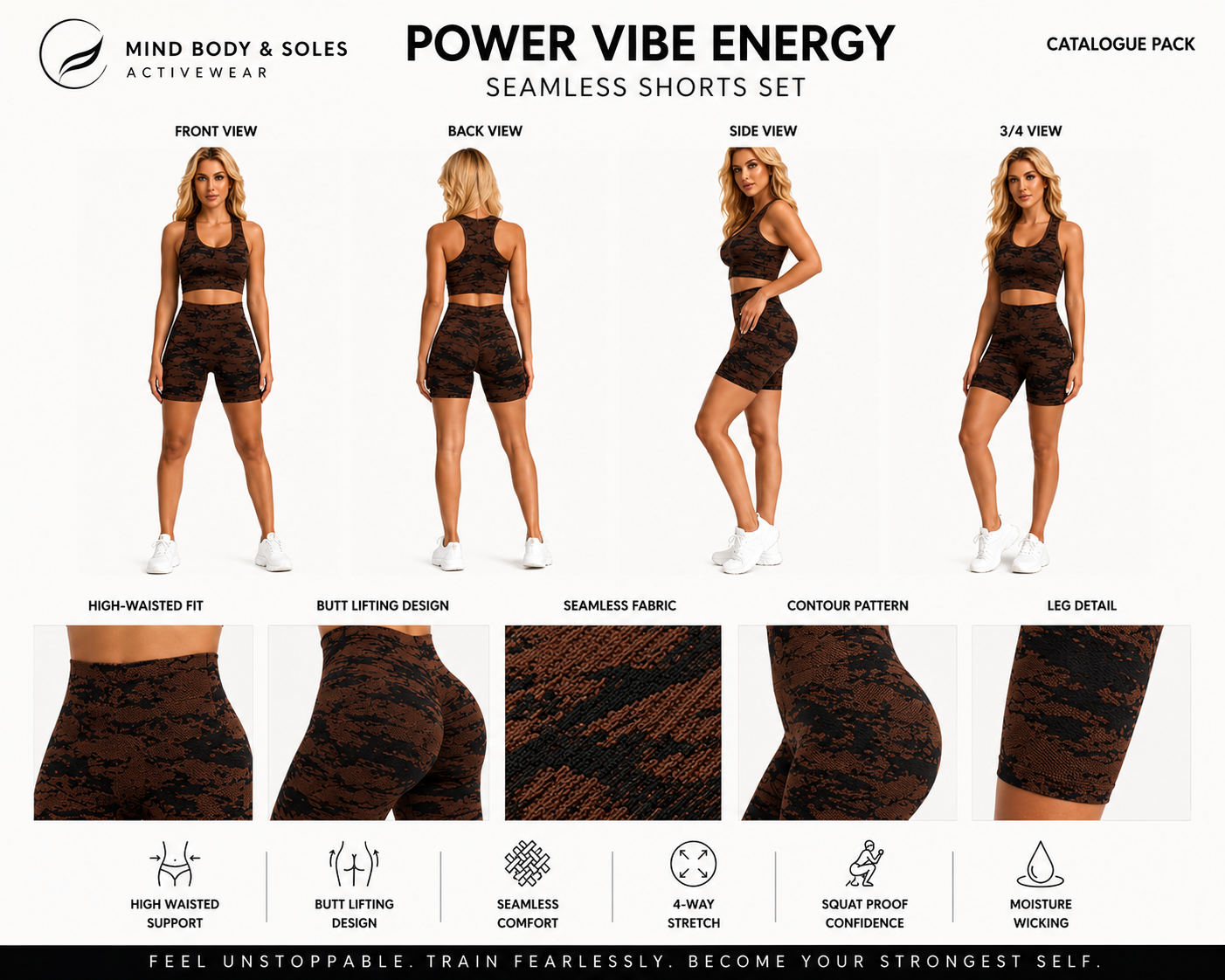 Mind Body and Soles Power Vibe Energy seamless shorts set size chart with model wearing the dark coffee activewear set and garment measurements for sizes S to XL.