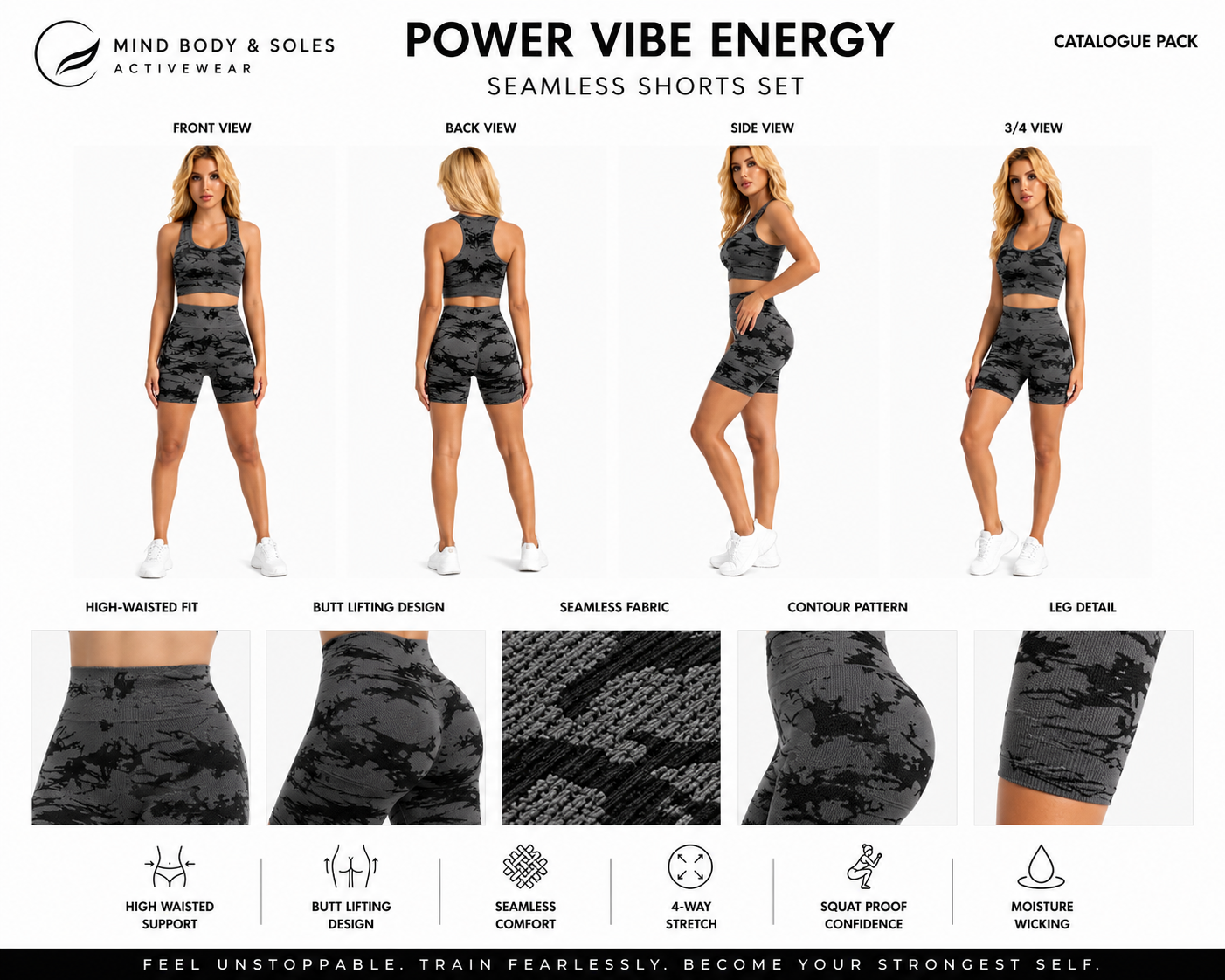 Mind Body and Soles Power Vibe Energy seamless shorts set size chart with model wearing the dark grey activewear set and garment measurements for sizes S to XL.