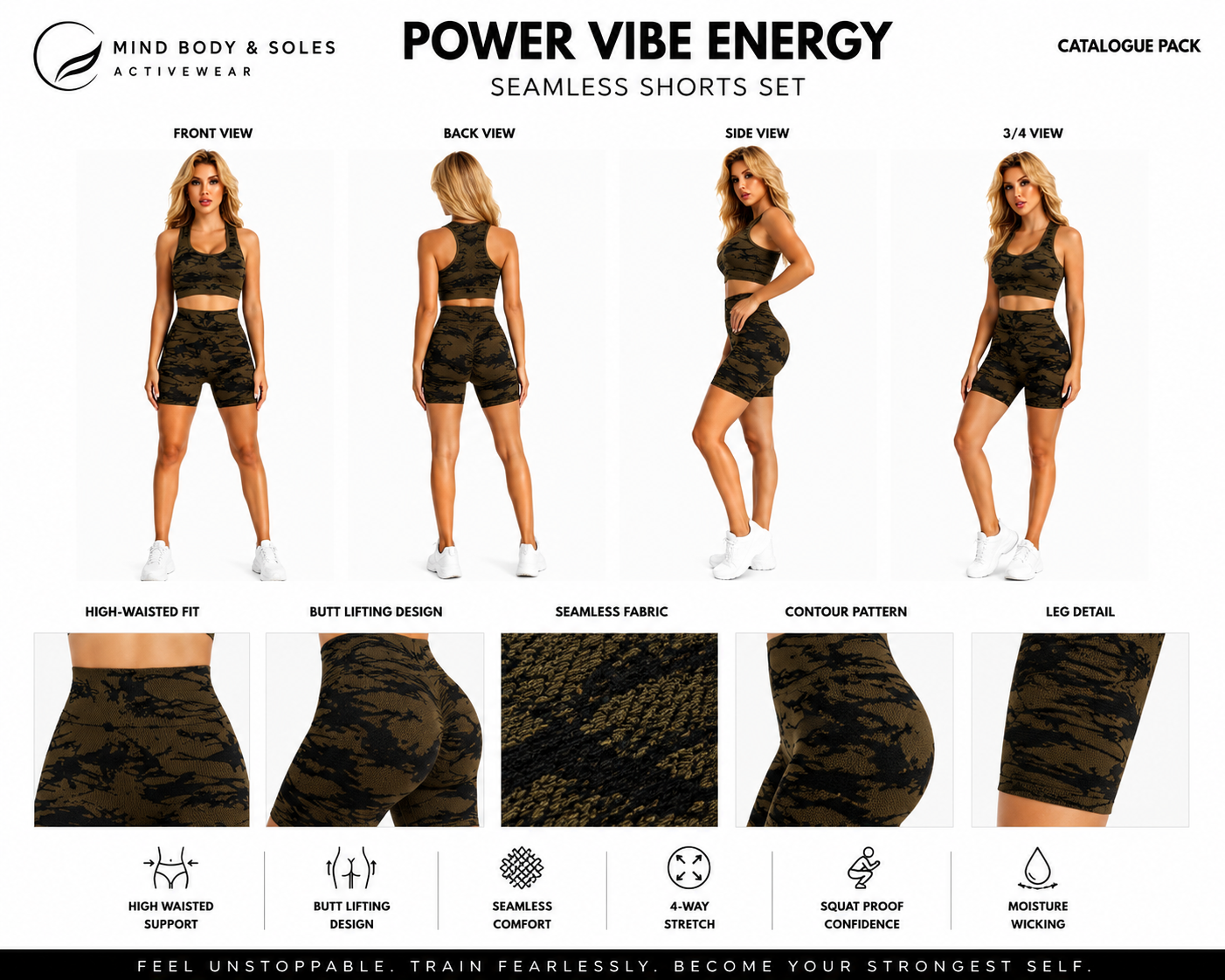 Mind Body and Soles Power Vibe Energy seamless shorts set size chart with model wearing the khaki activewear set and garment measurements for sizes S to XL.