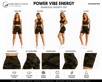 Mind Body and Soles Power Vibe Energy seamless shorts set size chart with model wearing the khaki activewear set and garment measurements for sizes S to XL.