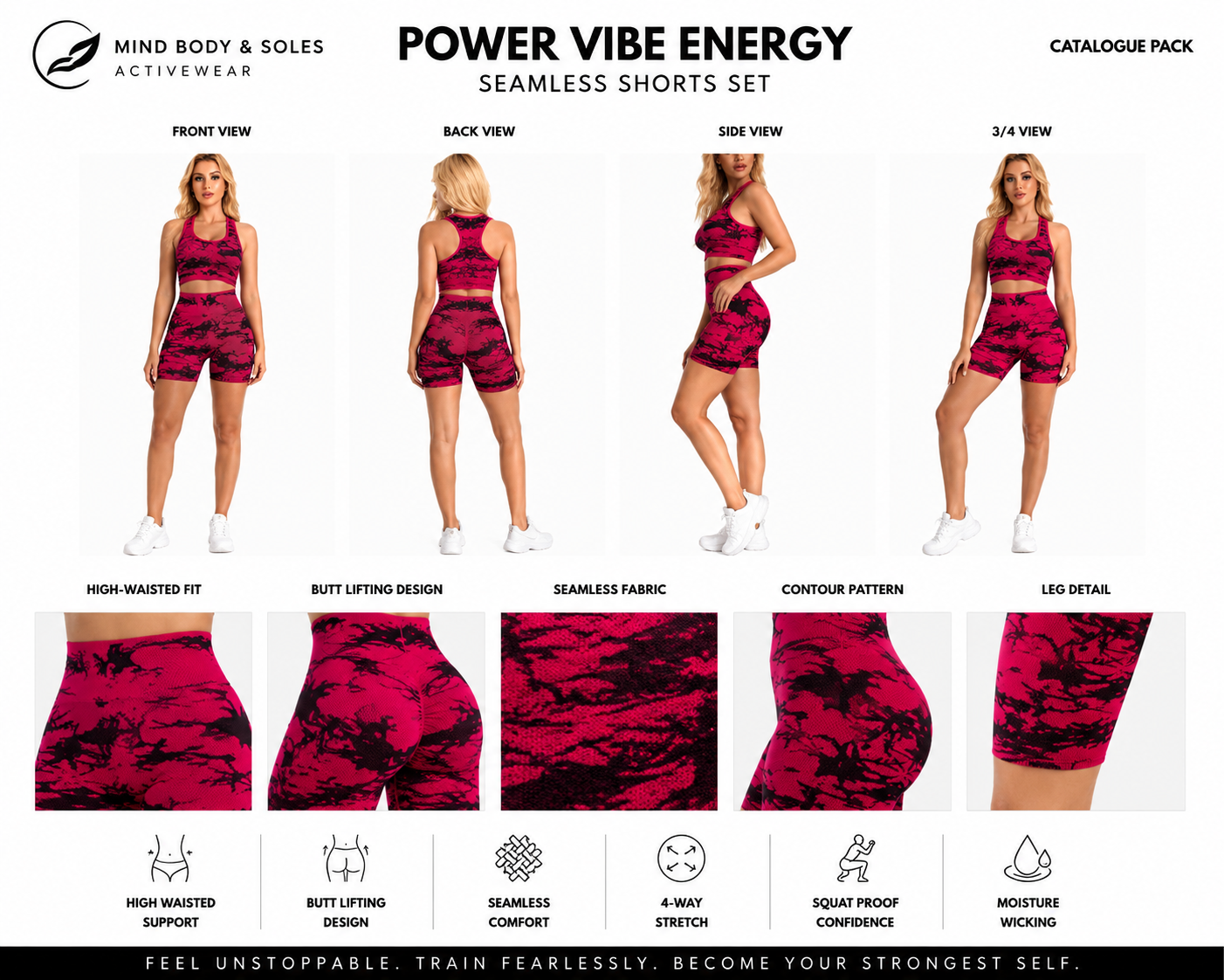Mind Body and Soles Power Vibe Energy seamless shorts set size chart with model wearing the rose red activewear set and garment measurements for sizes S to XL.