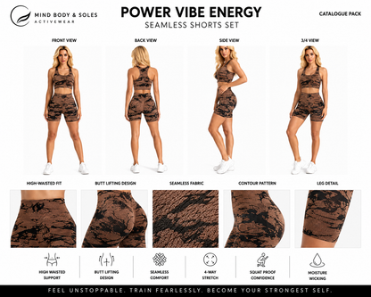 Mind Body and Soles Power Vibe Energy seamless shorts set size chart with model wearing the brown activewear set and garment measurements for sizes S to XL.