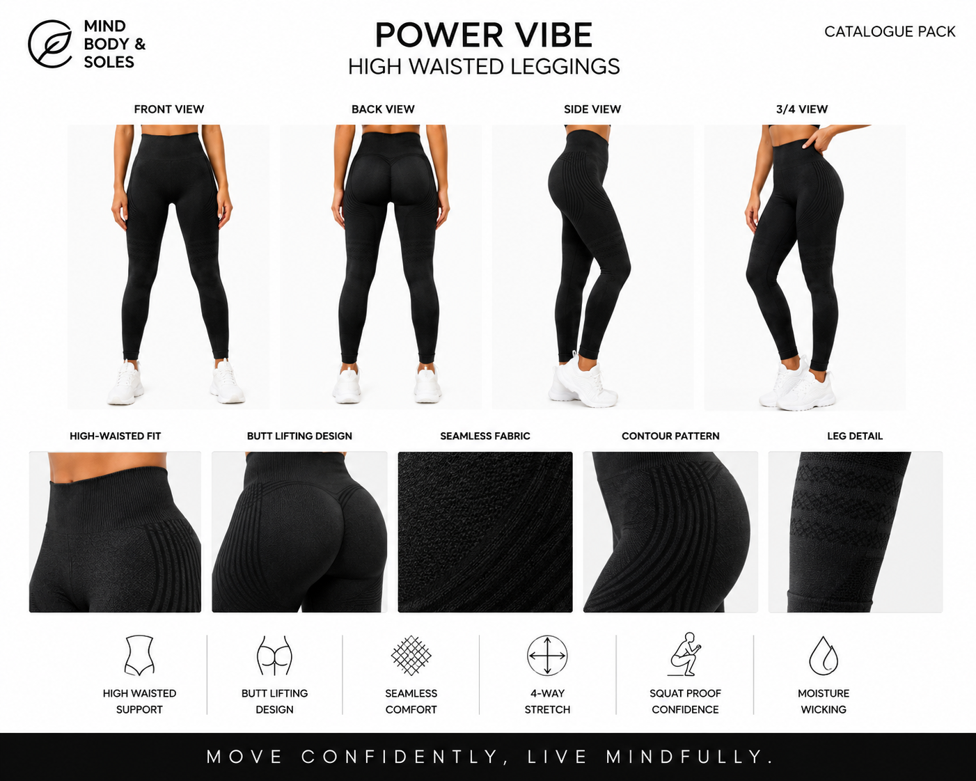 Mind Body and Soles catalogue pack featuring the black Power Vibe High Waisted Leggings with front, back, side and three-quarter views, detailed close-ups of the high-waisted waistband, seamless fabric, contour pattern and leg texture, presented on a premium white background.