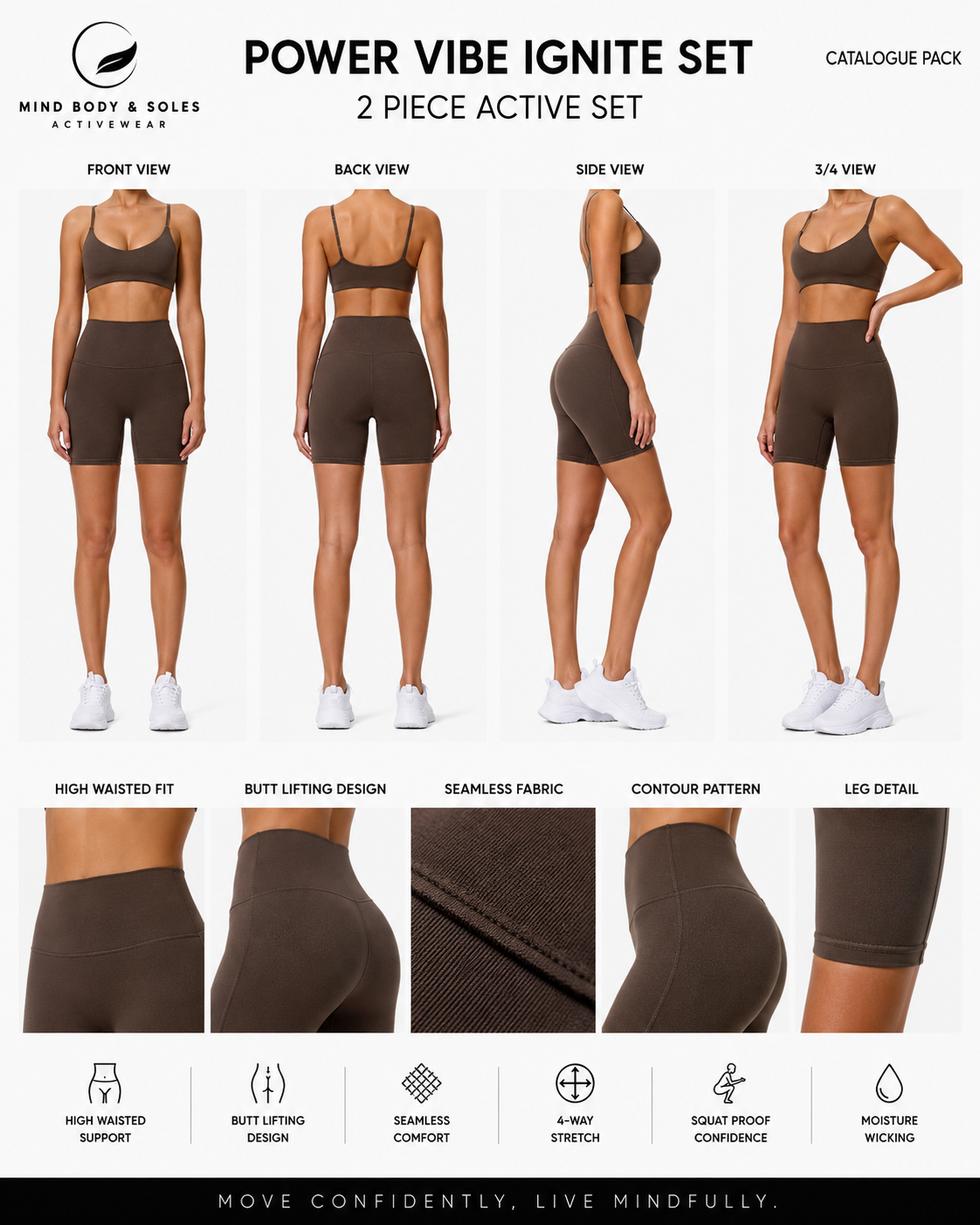 Mind Body and Soles Power Vibe Ignite Set in dark brown, premium women's two-piece activewear set featuring a supportive sports bra and high-waisted bike shorts. Template 01 catalogue pack showing front, back, side and 3/4 product views, close-up fabric details and key performance features including buttery-soft fabric, four-way stretch, squat-proof confidence, moisture-wicking comfort and gym-to-lifestyle versatility.