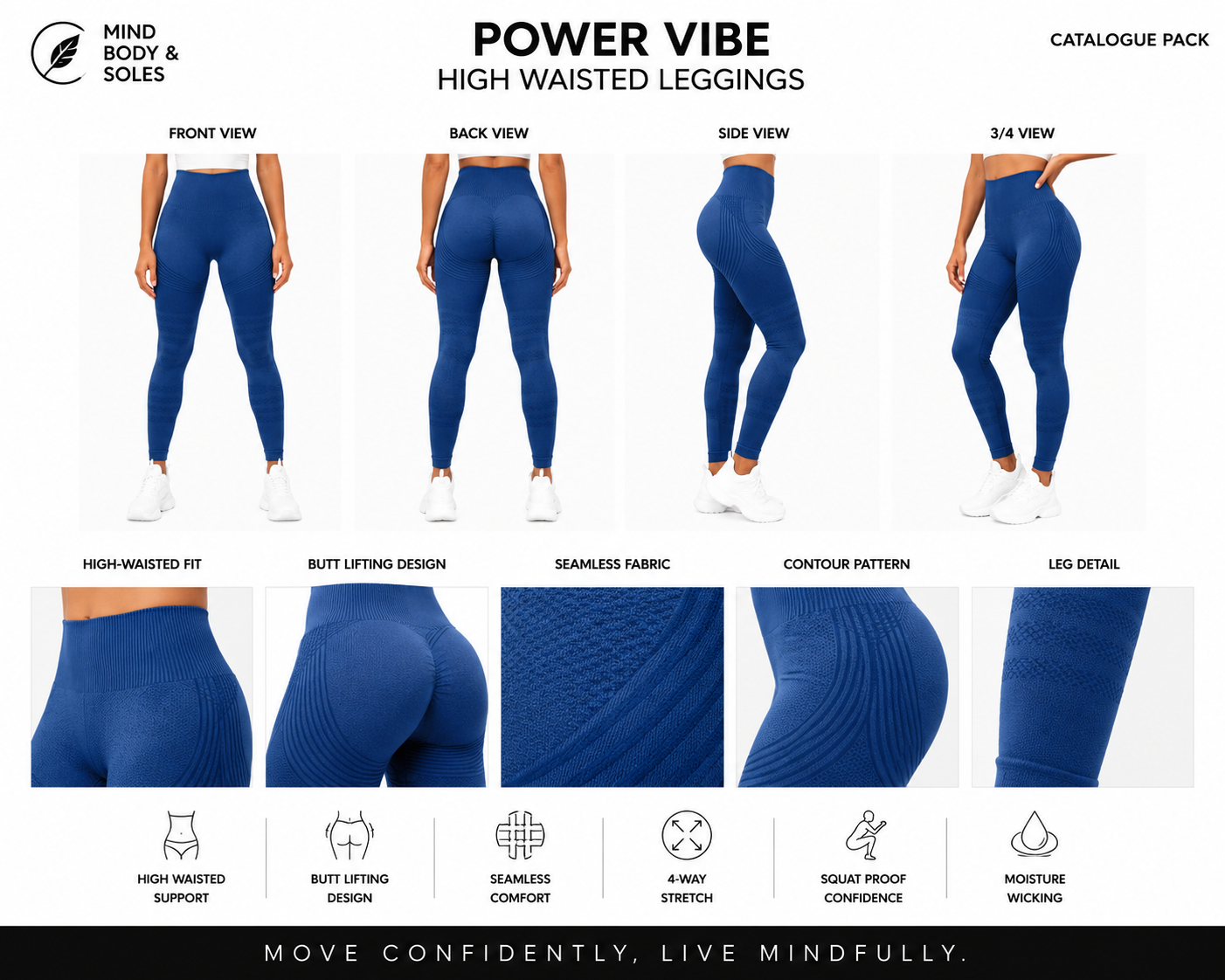 Mind Body and Soles catalogue pack featuring the Royal Blue Power Vibe High Waisted Leggings with front, back, side and three-quarter views, detailed close-up images of the high-waisted waistband, seamless fabric, contour pattern and leg texture, presented on a premium white background.