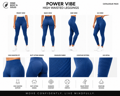Mind Body and Soles catalogue pack featuring the Royal Blue Power Vibe High Waisted Leggings with front, back, side and three-quarter views, detailed close-up images of the high-waisted waistband, seamless fabric, contour pattern and leg texture, presented on a premium white background.
