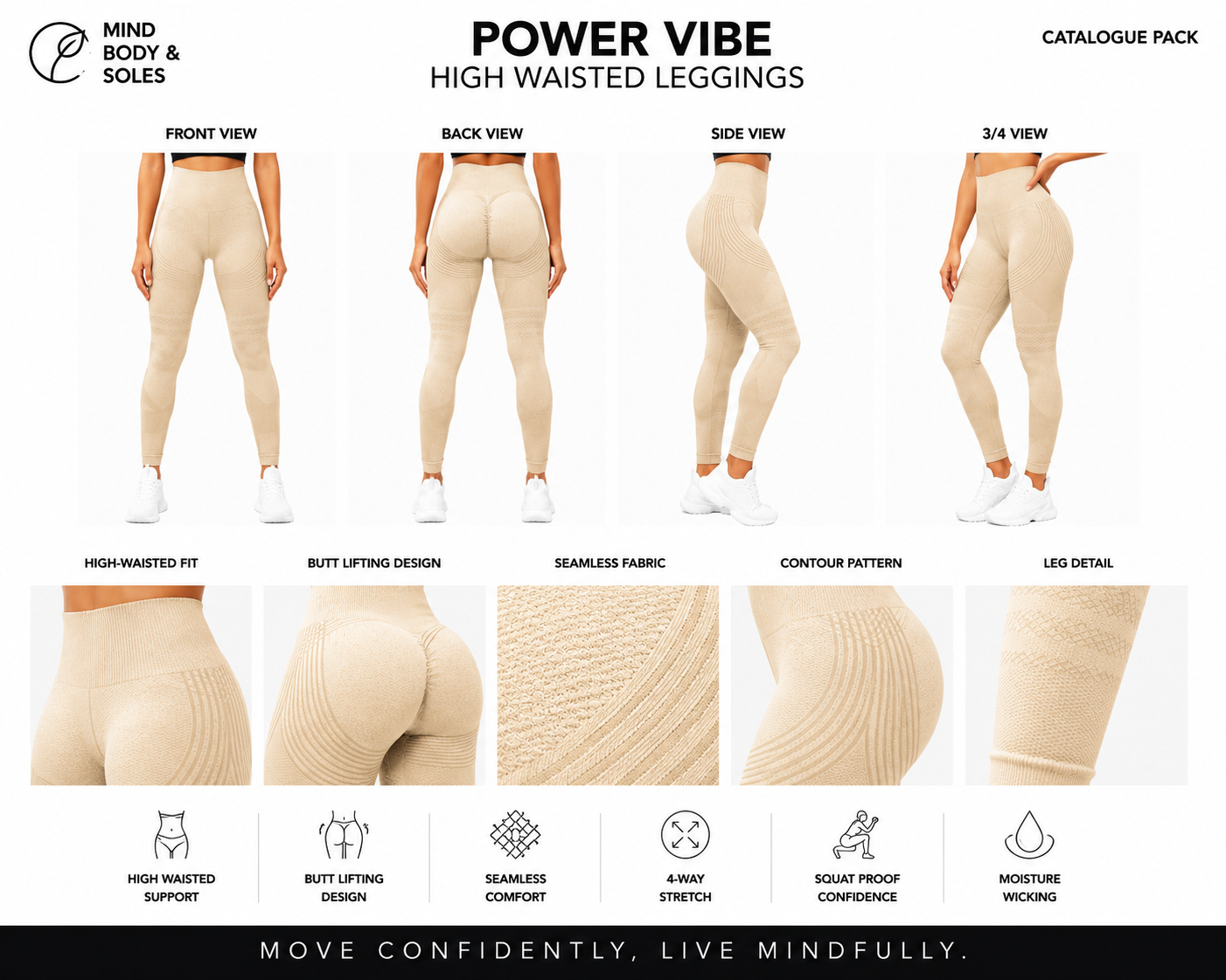 Mind Body and Soles catalogue pack featuring the Beige Power Vibe High Waisted Leggings with front, back, side and three-quarter views, detailed close-up images of the high-waisted waistband, seamless fabric, contour pattern and leg texture, presented on a premium white background.