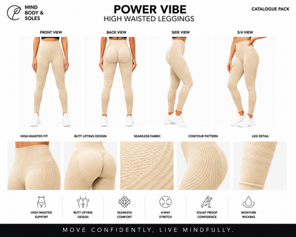 Mind Body and Soles catalogue pack featuring the Beige Power Vibe High Waisted Leggings with front, back, side and three-quarter views, detailed close-up images of the high-waisted waistband, seamless fabric, contour pattern and leg texture, presented on a premium white background.