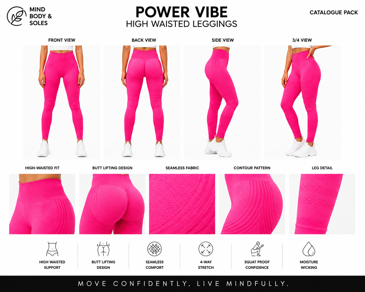 Mind Body and Soles catalogue pack featuring the hot pink Power Vibe High Waisted Leggings with front, back, side and three-quarter views, detailed close-up images of the high-waisted waistband, seamless fabric, contour pattern and leg texture on a premium white background.