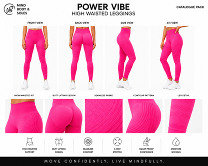 Mind Body and Soles catalogue pack featuring the hot pink Power Vibe High Waisted Leggings with front, back, side and three-quarter views, detailed close-up images of the high-waisted waistband, seamless fabric, contour pattern and leg texture on a premium white background.
