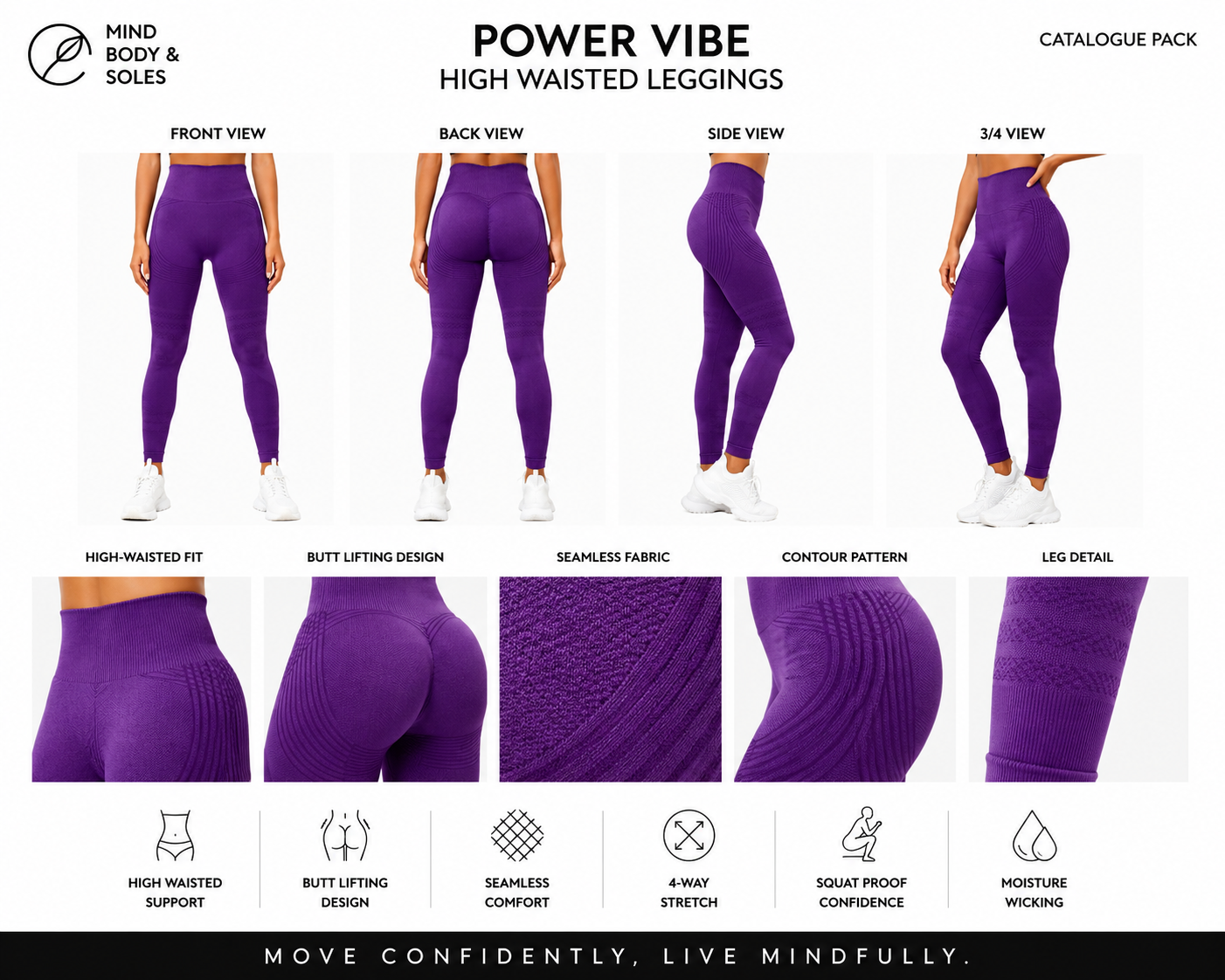 Mind Body and Soles catalogue pack featuring the purple Power Vibe High Waisted Leggings with front, back, side and three-quarter views, plus detailed close-up images of the high-waisted waistband, seamless fabric, contour pattern and leg texture on a premium white background.