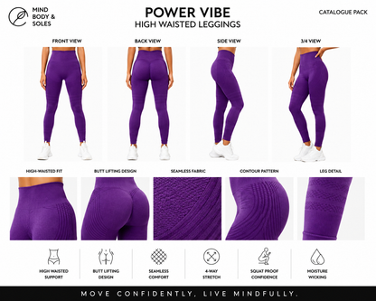 Mind Body and Soles catalogue pack featuring the purple Power Vibe High Waisted Leggings with front, back, side and three-quarter views, plus detailed close-up images of the high-waisted waistband, seamless fabric, contour pattern and leg texture on a premium white background.