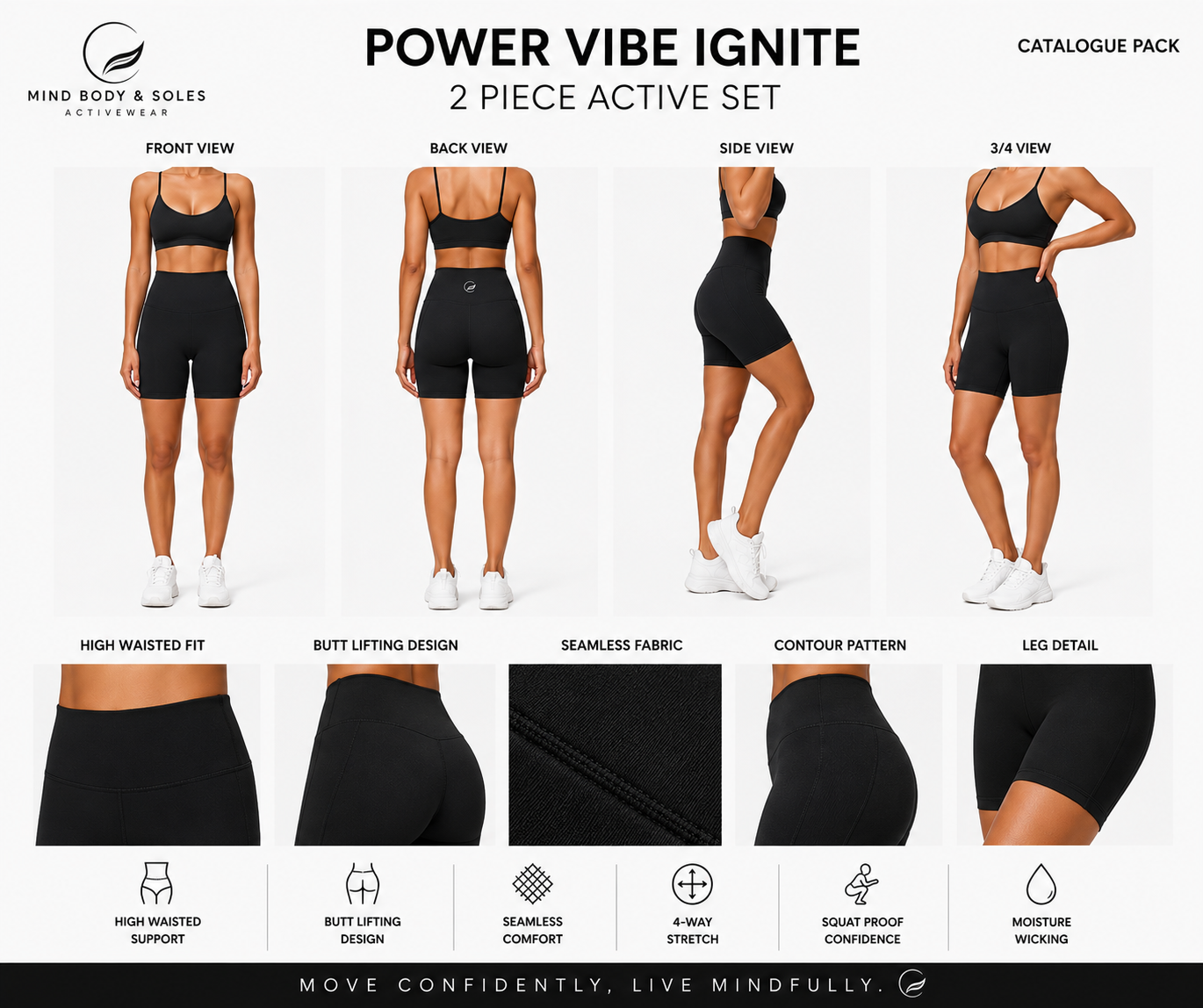 Mind Body and Soles Power Vibe Ignite Set in black, premium women's two-piece activewear set featuring a supportive sports bra and high-waisted bike shorts. Template 01 catalogue pack showing front, back, side and 3/4 product views, close-up fabric details and key performance features including buttery-soft fabric, four-way stretch, squat-proof confidence, moisture-wicking comfort and gym-to-lifestyle versatility.