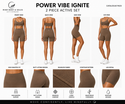 Mind Body and Soles Power Vibe Ignite Set in coffee, premium women's two-piece activewear set featuring a supportive sports bra and high-waisted bike shorts. Template 01 catalogue pack showing front, back, side and 3/4 product views, close-up fabric details and key performance features including buttery-soft fabric, four-way stretch, squat-proof confidence, moisture-wicking comfort and gym-to-lifestyle versatility.