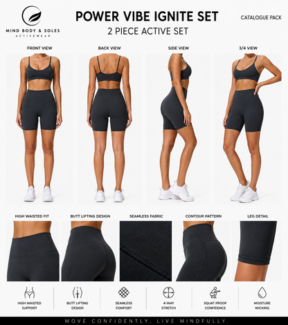 Mind Body and Soles Power Vibe Ignite Set in dark grey, premium women's two-piece activewear set featuring a supportive sports bra and high-waisted bike shorts. Template 01 catalogue pack showing front, back, side and 3/4 product views, close-up fabric details and key performance features including buttery-soft fabric, four-way stretch, squat-proof confidence, moisture-wicking comfort and gym-to-lifestyle versatility.