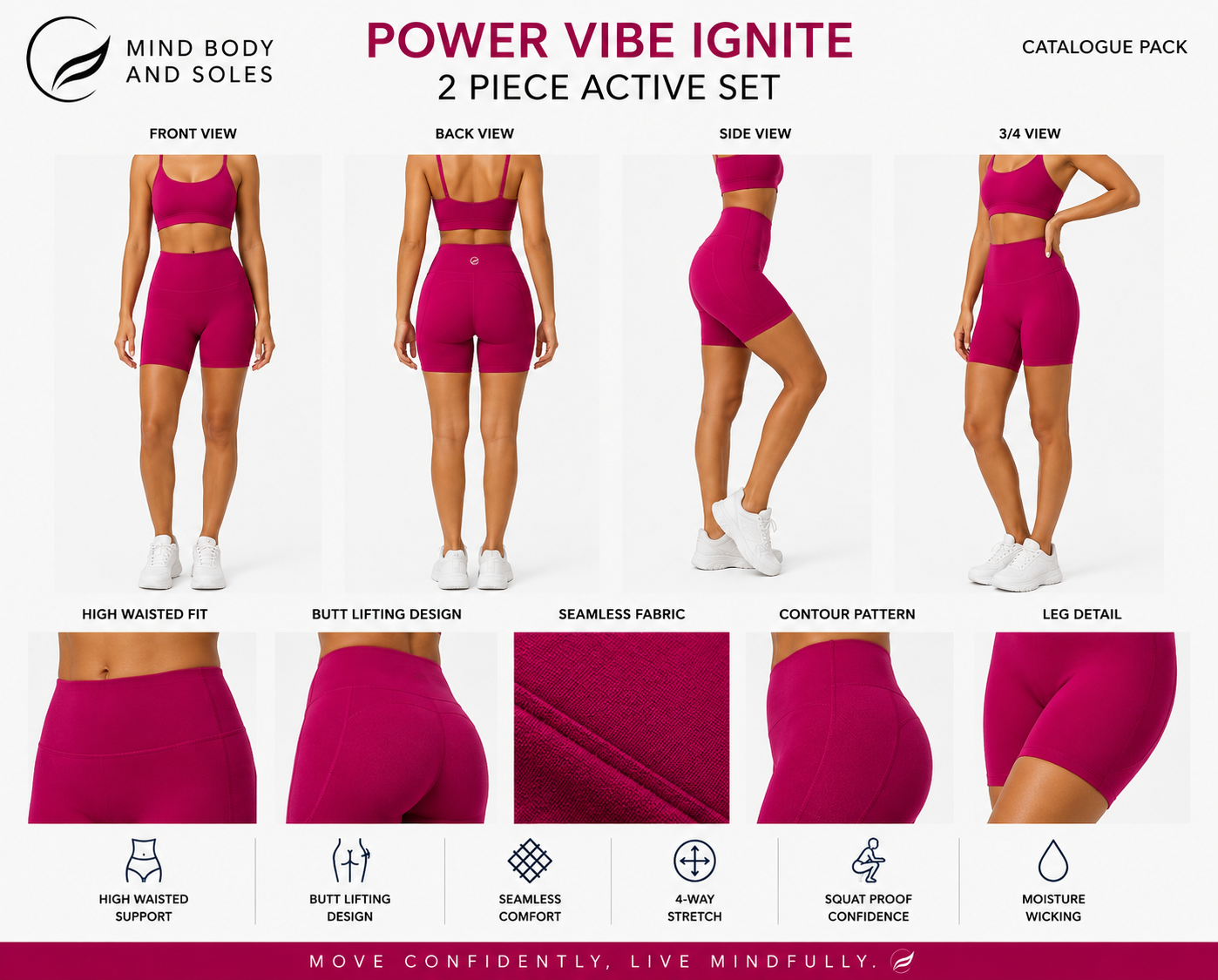 Mind Body and Soles Power Vibe Ignite Set in pink, premium women's two-piece activewear set featuring a supportive sports bra and high-waisted bike shorts. Template 01 catalogue pack showing front, back, side and 3/4 product views, close-up fabric details and key performance features including buttery-soft fabric, four-way stretch, squat-proof confidence, moisture-wicking comfort and gym-to-lifestyle versatility.