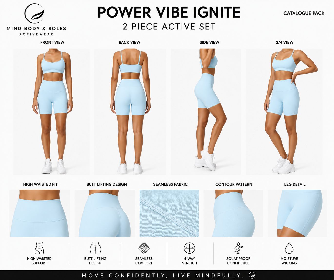 Mind Body and Soles Power Vibe Ignite Set in sky blue, premium women's two-piece activewear set featuring a supportive sports bra and high-waisted bike shorts. Template 01 catalogue pack showing front, back, side and 3/4 product views, close-up fabric details and key performance features including buttery-soft fabric, four-way stretch, squat-proof confidence, moisture-wicking comfort and gym-to-lifestyle versatility.