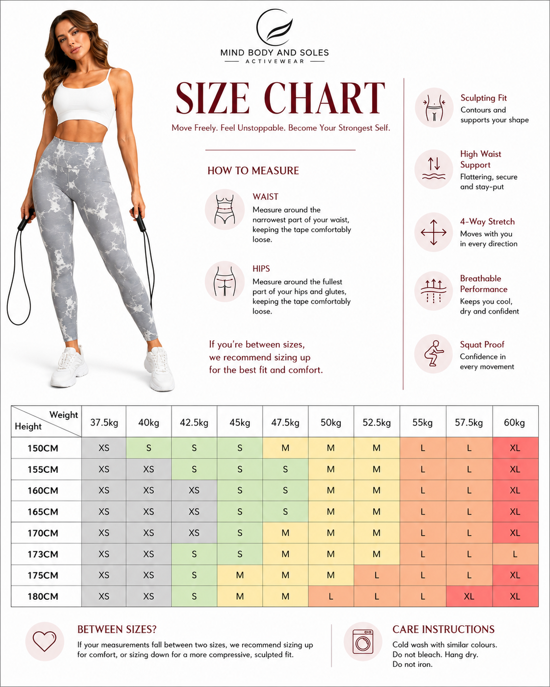 Mind Body and Soles Power Vibe™ Pulse Sculpt Leggings size chart with women’s XS–XL fit guidance by height and weight.