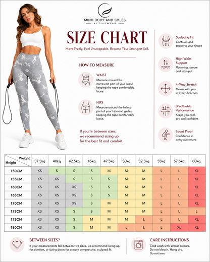 Mind Body and Soles Power Vibe™ Pulse Sculpt Leggings size chart with women’s XS–XL fit guidance by height and weight.