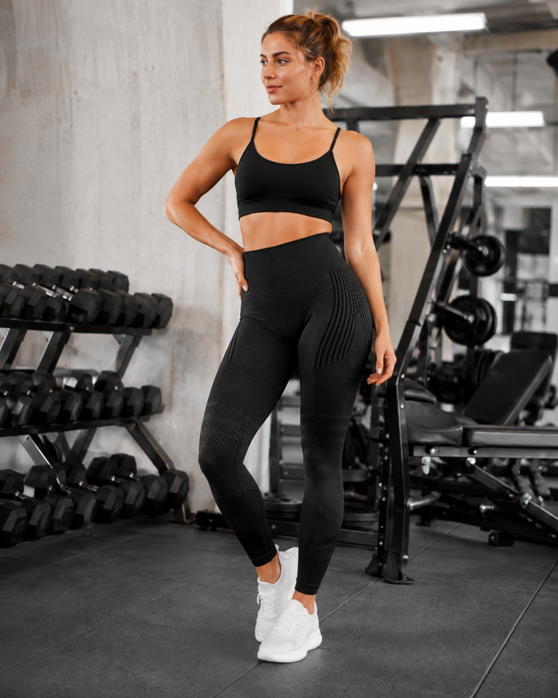 Power Vibe™ Sculpt black women’s seamless high-waisted leggings shown from the front in a modern gym, highlighting the wide ribbed waistband, sculpting contour knit and textured compression panels for strength training and activewear.