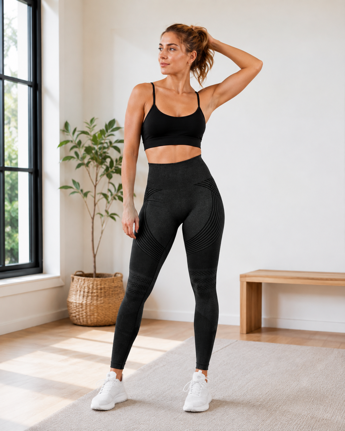 Power Vibe™ Sculpt black women’s seamless high-waisted leggings shown in a bright home workout setting, highlighting the ribbed waistband, sculpting contour knit and textured compression panels with a black sports bra.