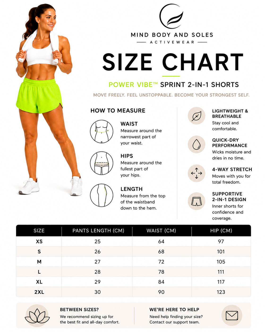Mind Body and Soles size chart for Power Vibe™ Sprint 2-in-1 Running Shorts in Electric Lime, featuring a fitness model, measuring guide, performance features and a complete size table from XS to 2XL.