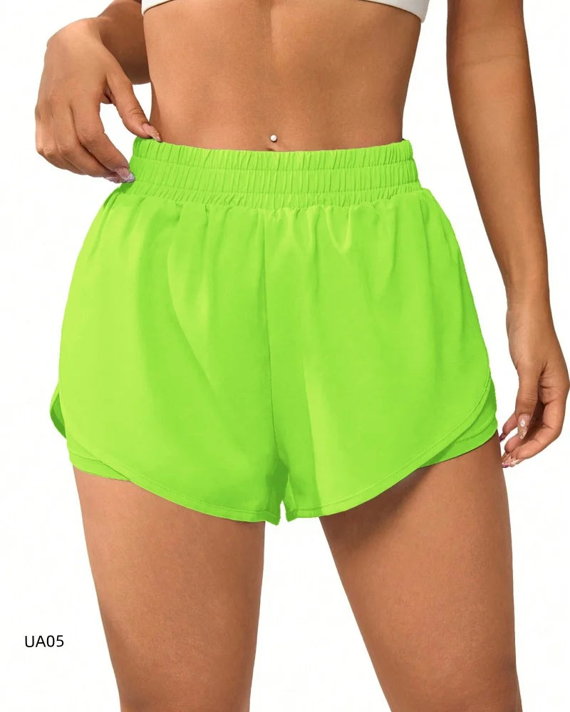 Close-up front detail of Power Vibe™ Sprint 2-in-1 Running Shorts in Electric Lime, highlighting the soft high-rise waistband, lightweight outer layer and supportive 2-in-1 design.