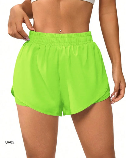 Close-up front detail of Power Vibe™ Sprint 2-in-1 Running Shorts in Electric Lime, highlighting the soft high-rise waistband, lightweight outer layer and supportive 2-in-1 design.